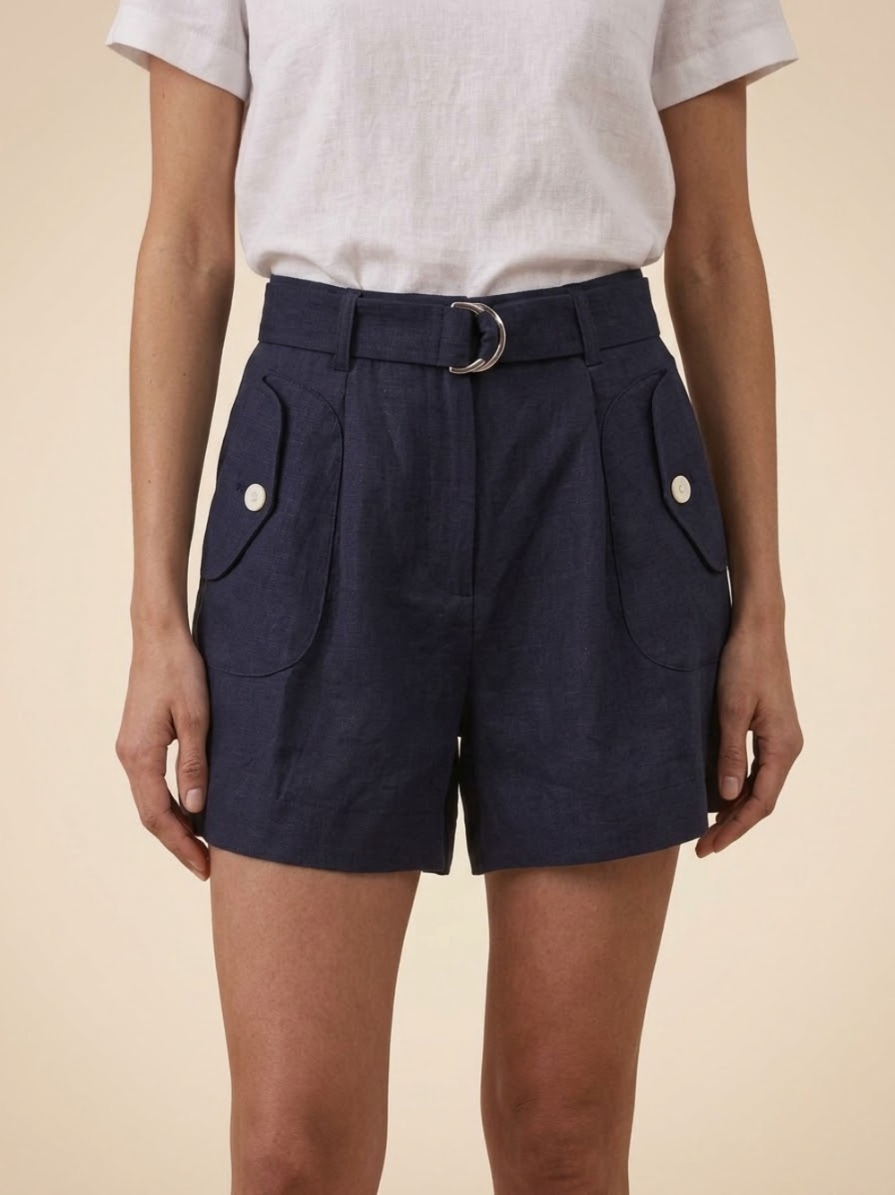 Sophie Rue Robyn Belted Linen Shorts-Navy Size Large High Waist